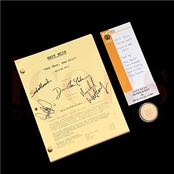 NCIS (TV) - Cast Autographed Script & Real N.C.I.S. Coin - 58-9