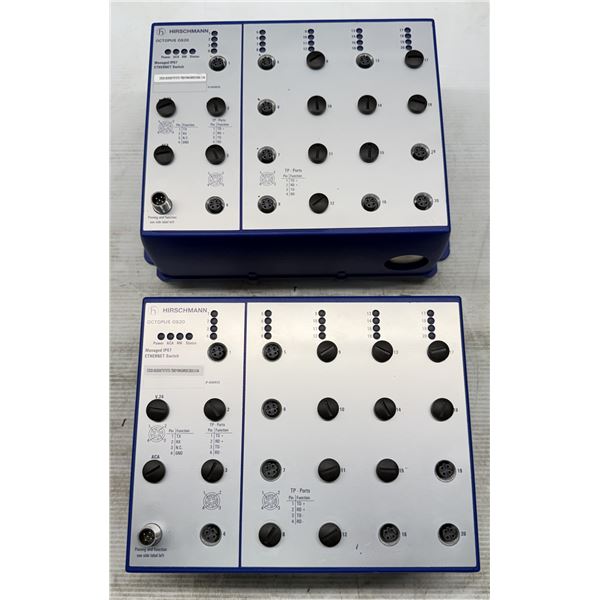 (2) Hirschmann #OCTOPUS OS20-002000T5T5T5-TBBY99GMSE3S Managed IP67 Ethernet Switches