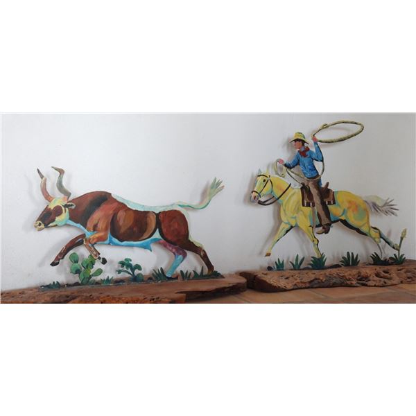Painted Metal Longhorn and Cowboy