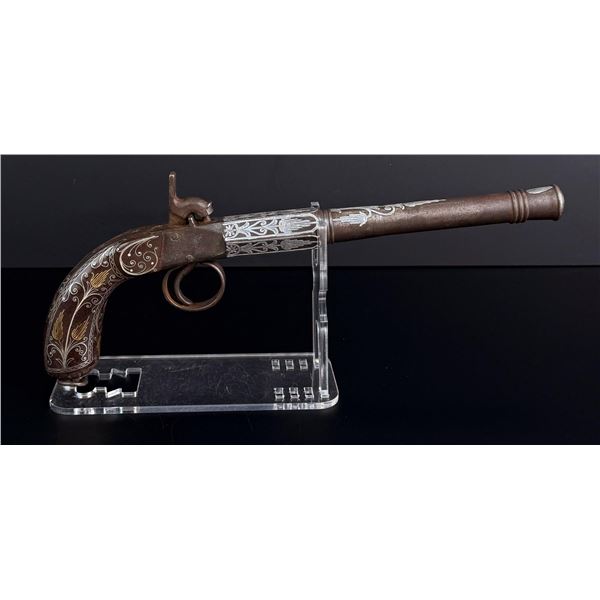 Cannon Barrel Silver Gold Inlaid Boxlock Pistol