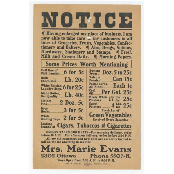Butte Montana Mrs Marie Evans Store Broadside