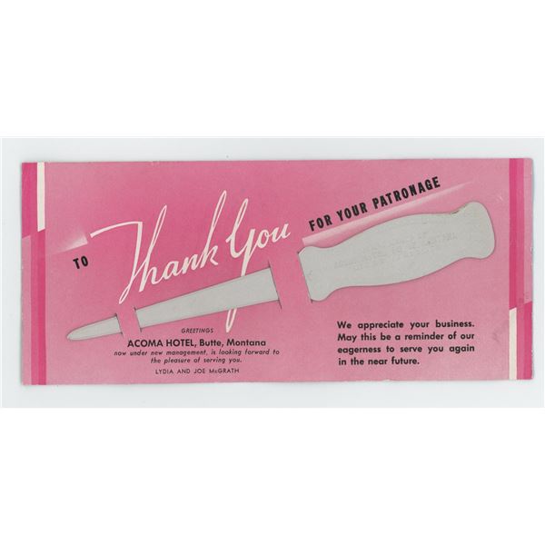 Acoma Hotel Butte Montana Letter Opener