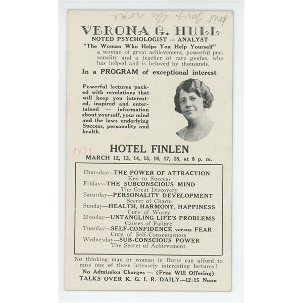1931 Butte Montana Verona Hull Psychologist Card