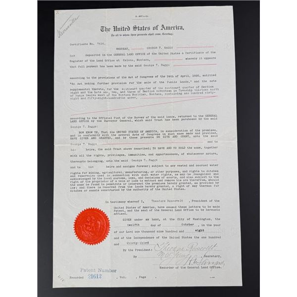 Theodore Roosevelt Signed Montana Land Grant