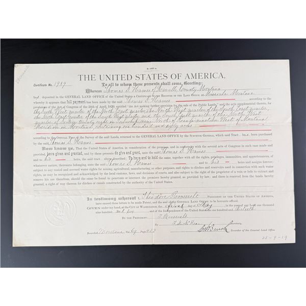 Theodore Roosevelt Signed Montana Land Grant