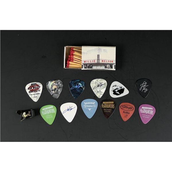 Group of Guitar Picks and Willie Nelson Matches