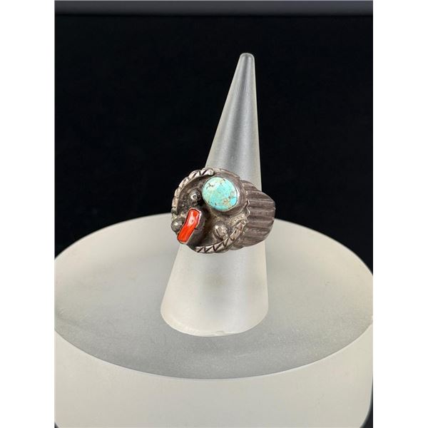 Navajo Sterling Silver Turquoise Coral Ring