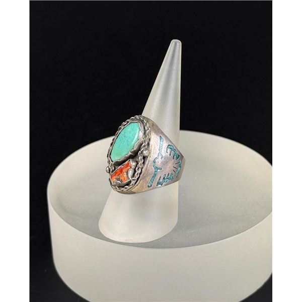 Navajo Sterling Silver Turquoise Coral T Bird Ring
