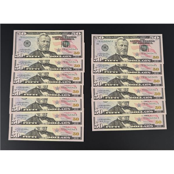 $650 Face Value Sequential $50 US Bank Notes