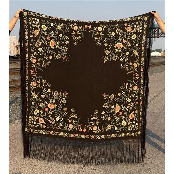 Antique Chinese Embroidered Silk Piano Shawl