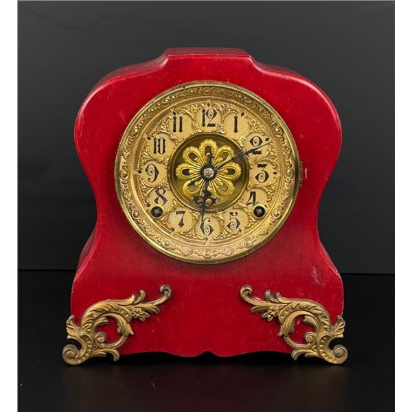 F. Kroeber Richelieu Red Cast Iron Mantel Clock