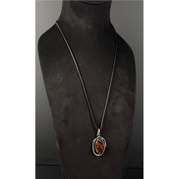 Sterling Silver Amber Pendant Necklace