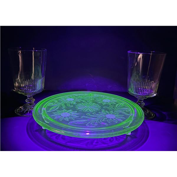 Uranium Glass Sunflower Cake Plate and Goblets