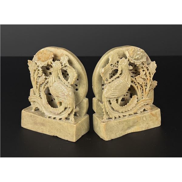 Chinese Soapstone Carved Peacock Bookends