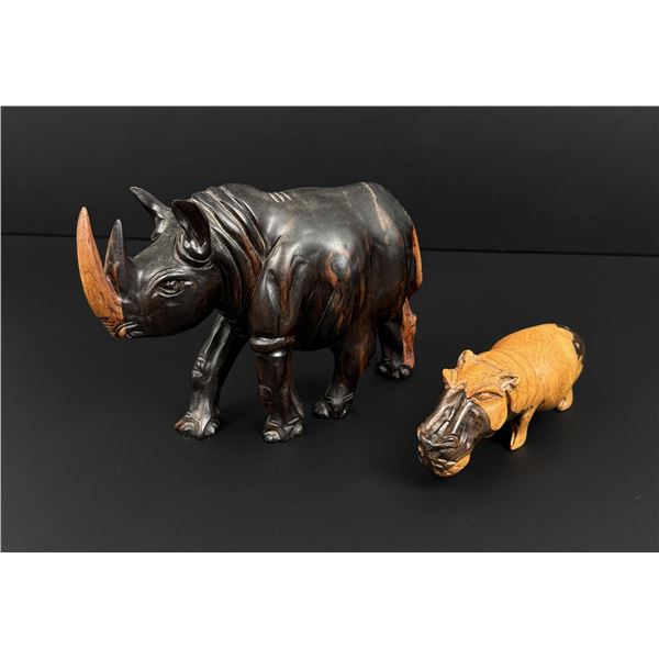 African Carved Wood Rhinoceros and Hippopotamus