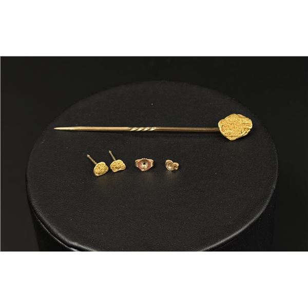 22K Gold Nugget Stick Pin and Earrings