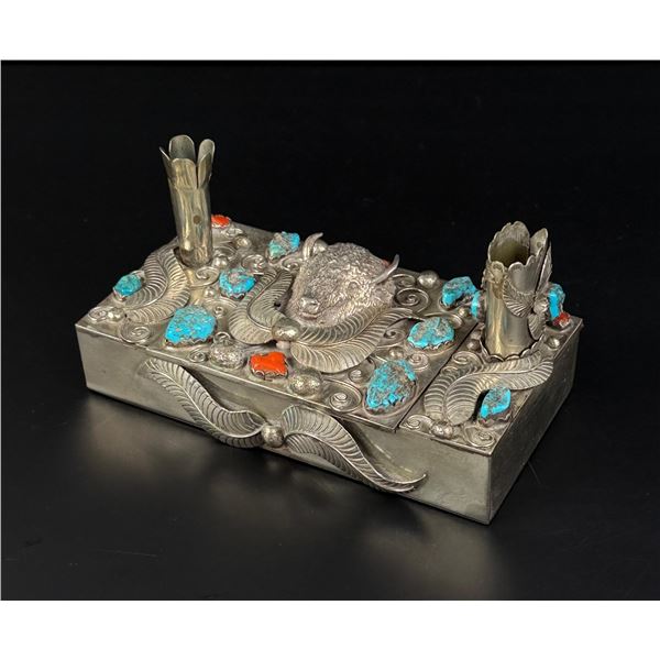 Navajo Indian Turquoise Buffalo Cigarette Box