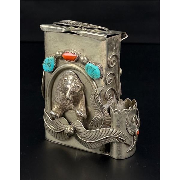 Navajo Indian Turquoise Bear Cigarette Box