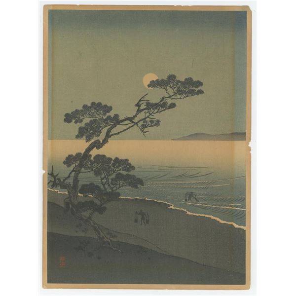 Arai Yoshimune Suma Beach at Night Woodblock Print