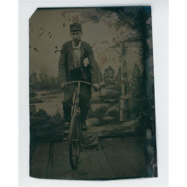Wood Rim Carbide Lamp Bicycle Tintype Photo