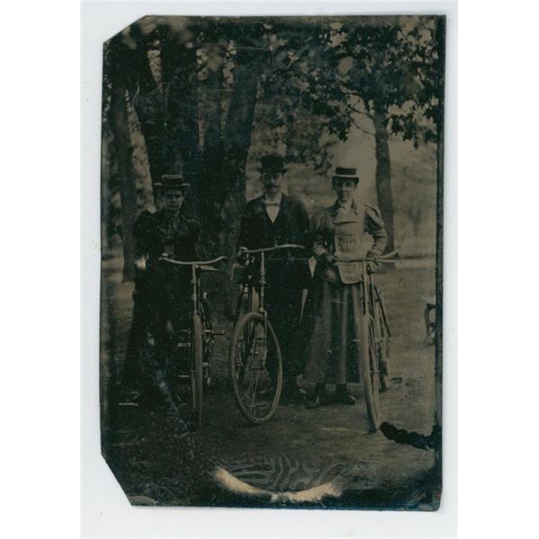 Men and Women Wood Rim Bicycles Tintype Photo