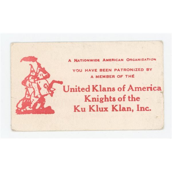 Ku Klux Klan KKK Patronized Business Card