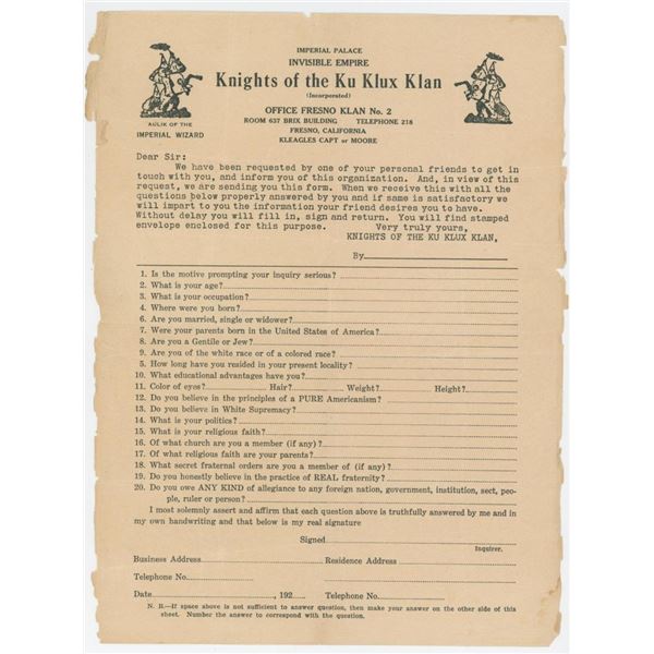 Ku Klux Klan KKK Fresno California Interview Form