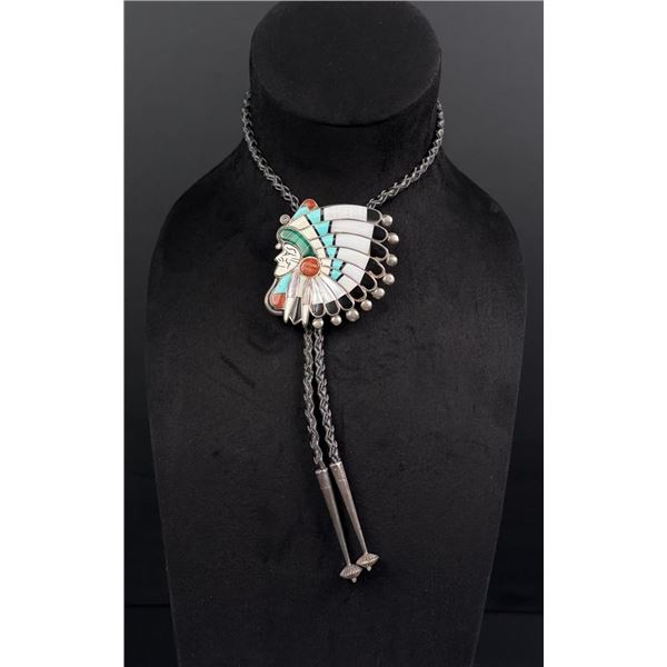 Ralph Quam Zuni Inlaid Sterling Bolo Tie
