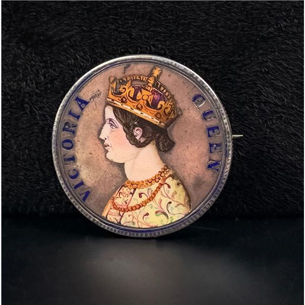 Queen Victoria Enamel India 1862 Rupee Coin Brooch