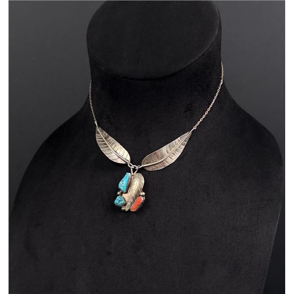 Navajo Sterling Silver Turquoise Coral Necklace