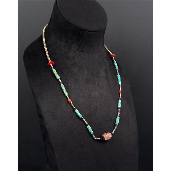 Sterling Silver Turquoise Coral Fire Opal Necklace