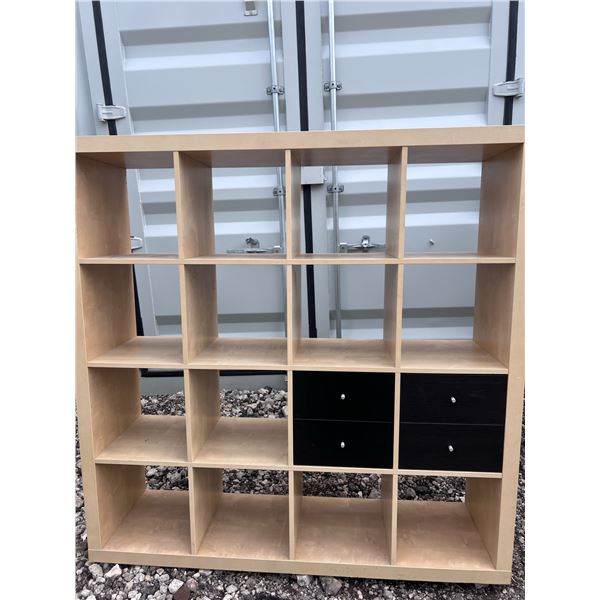 15-Cube Wood Storage Shelf With Four Black Drawers