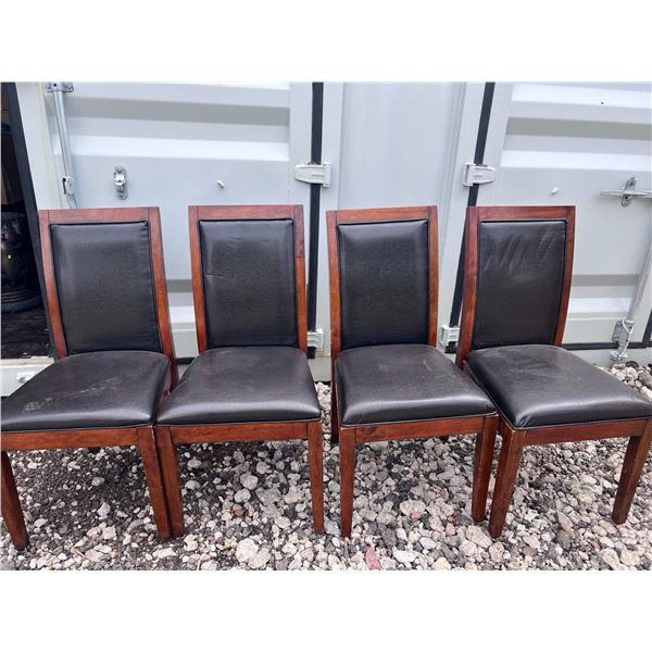 4 Wood Dining Chairs with Black Faux Leather Seats