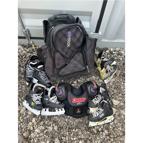 Hockey Gear Lot: 4 Pairs Skates, Bag, Shoulder Pads