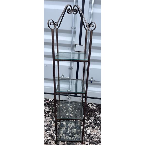 Metal and Glass Four-Tier Shelf Unit with Scroll Design
