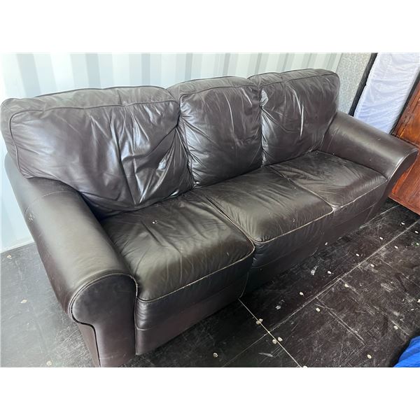 Brown Leather Three-Seater Sofa With Rolled Arms