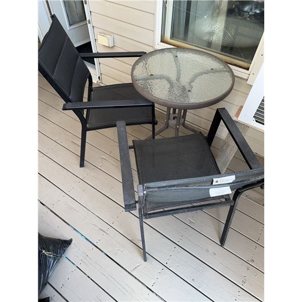 Outdoor Patio Set with Glass Table and Two Mesh Chairs