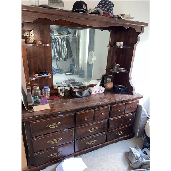 Wooden Dresser with Mirror and Drawers, 72''H x 60''W x 18''D