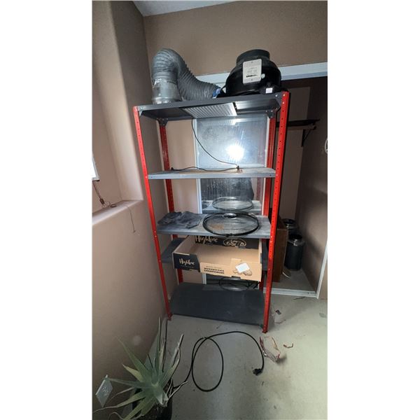 Red Metal Shelving Unit With Ventilation Fan and Accessories