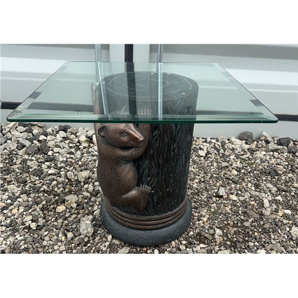 Rustic Wildlife Resin Side Table With Bear Cub and Glass Top