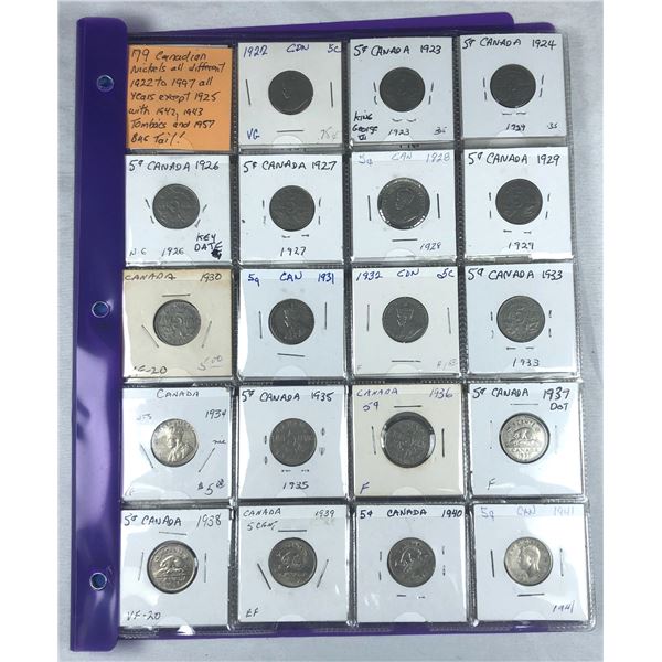 Canadian Nickel Coin Collection 1922 to 1997 - x79 Coins