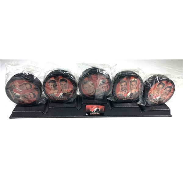 2002 McDonalds Hockey PUCKS Set w/ Stand - Gretzky, Sakic, Lemieux