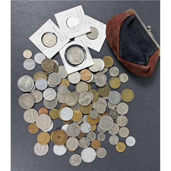 World Coins LOT x105 - 1950s to 1990s w/ Purse