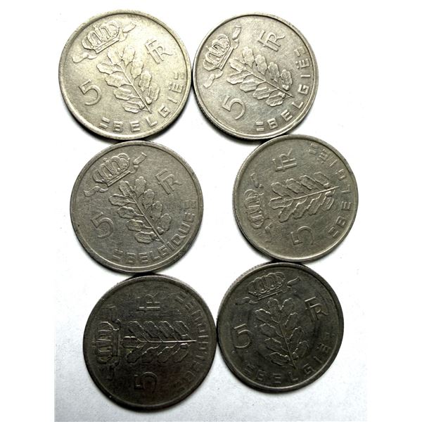 1949-50 Belgian 1 Franc Coins x6