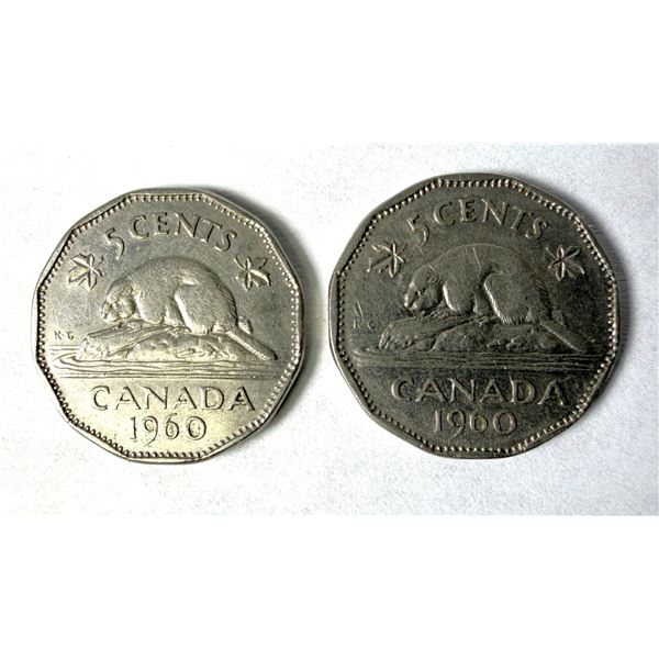 1960 Canadian Nickels x2 - Bald Beaver