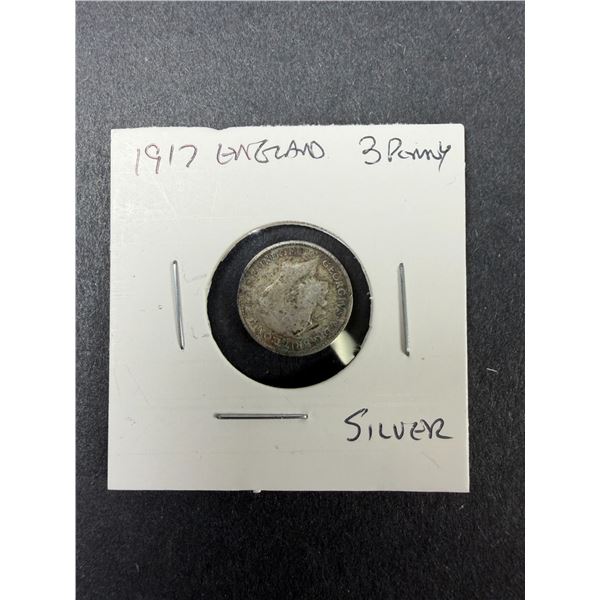 1917 England SILVER Threepence Coin - 3 Penny