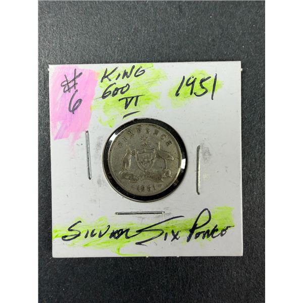 1951 Australian SILVER 6 Pence Coin