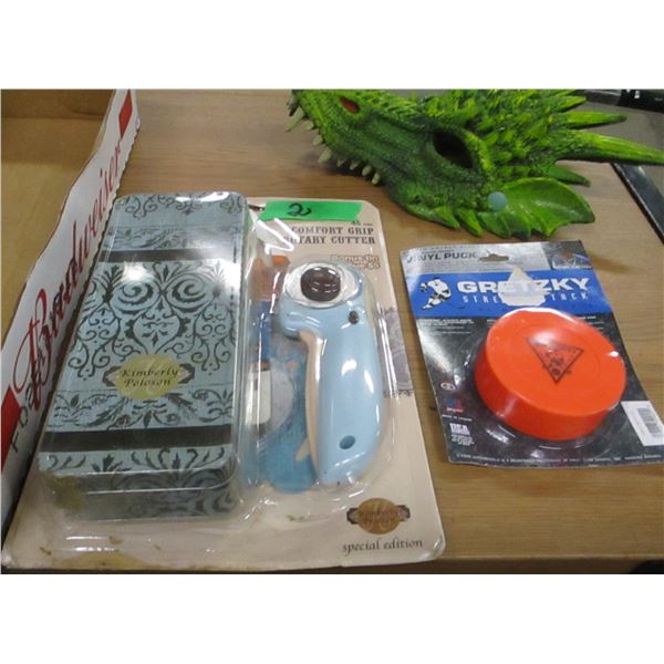 BOX C/W ROTARY CUTTER, GRETZKY PUCK, YOGURT MAKER, ETC