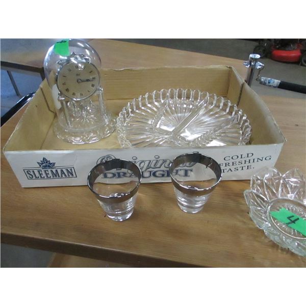 ESTATE:  BOX C/W GLASSWARE, ANNIVERSARY CLOCK, SERVING PLATES, ETC