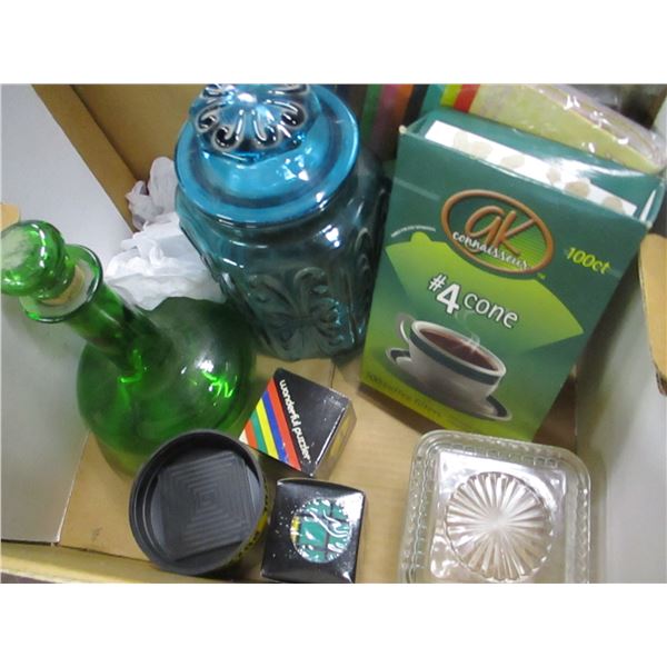 ESTATE:  BOX C/W COFFEE FILTERS, DECANTER, CANNISTER, ETC